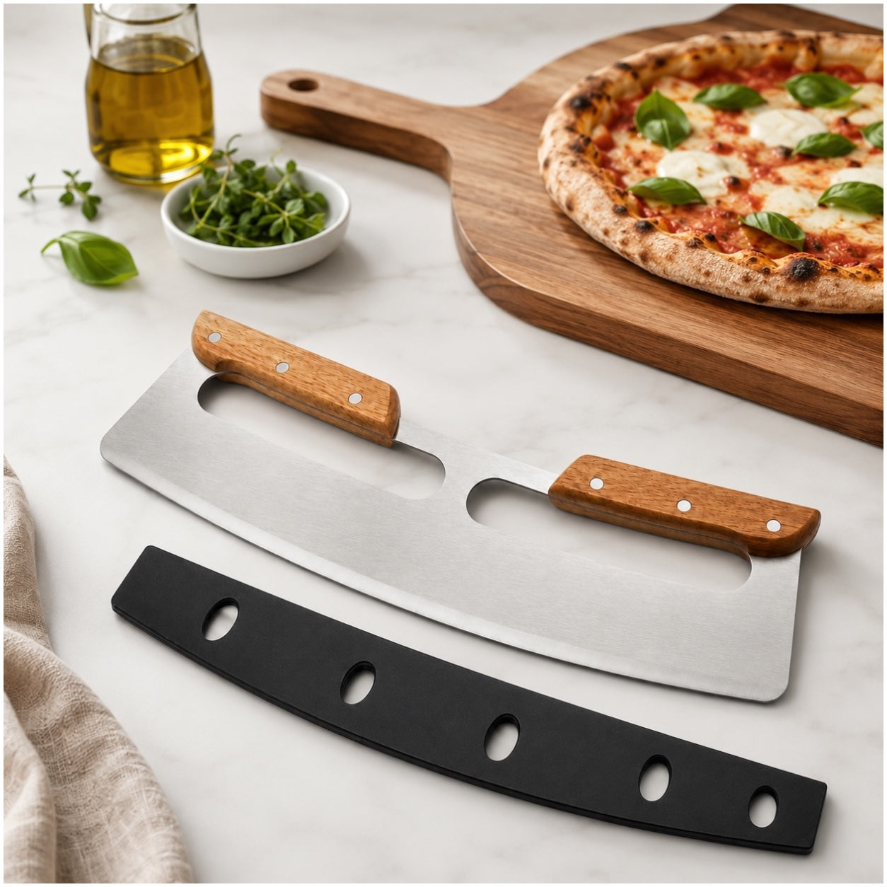 Stainless Steel Pizza Cutter with Wooden Handles and Blade Protector