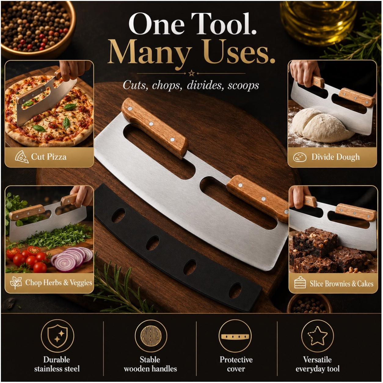Stainless Steel Pizza Cutter with Wooden Handles and Blade Protector