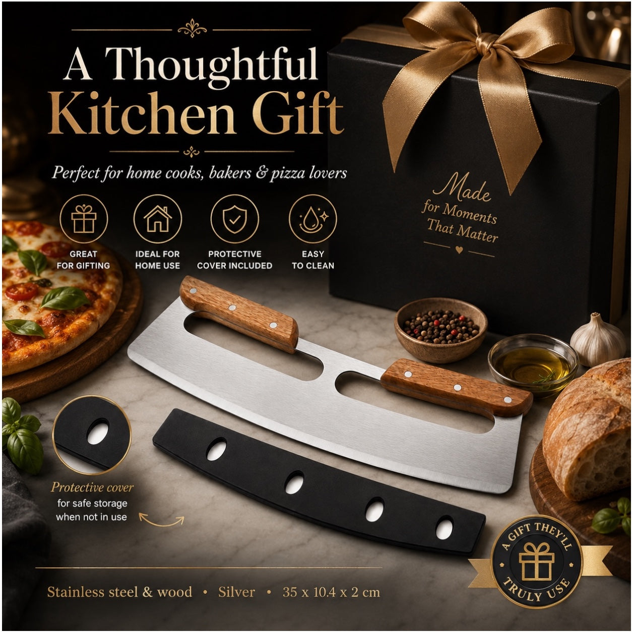 Stainless Steel Pizza Cutter with Wooden Handles and Blade Protector