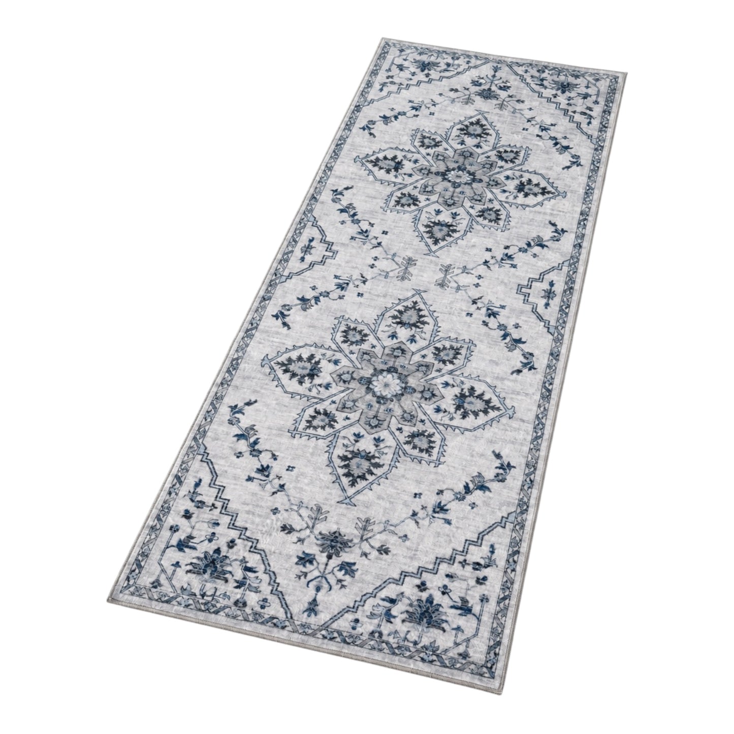 Persian Style Non-Slip Runner Rug - 60cm x 152cm – Blue and Grey Carpet
