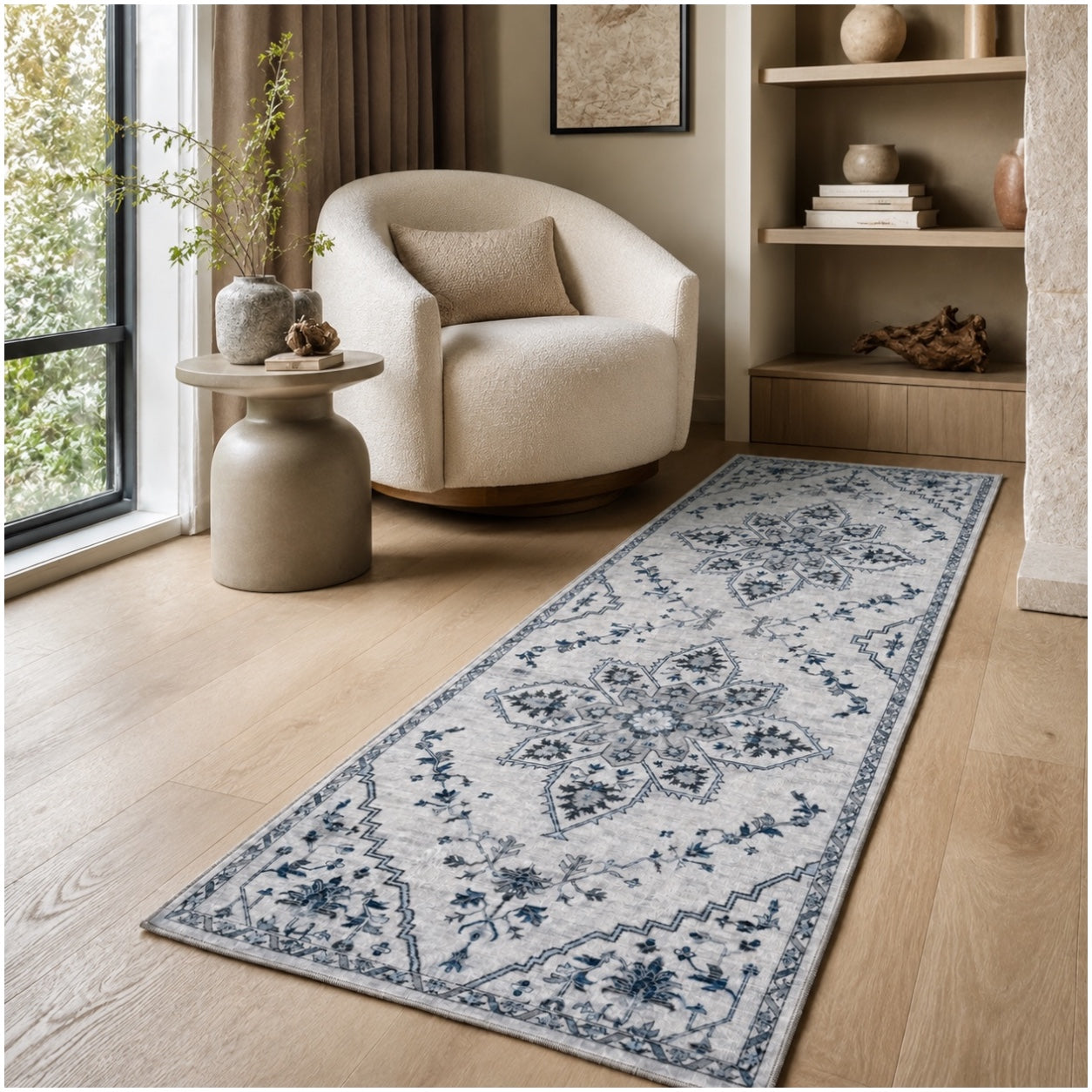 Persian Style Non-Slip Runner Rug - 60cm x 152cm – Blue and Grey Carpet