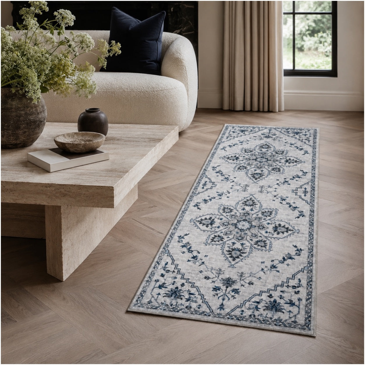 Persian Style Non-Slip Runner Rug - 60cm x 152cm – Blue and Grey Carpet