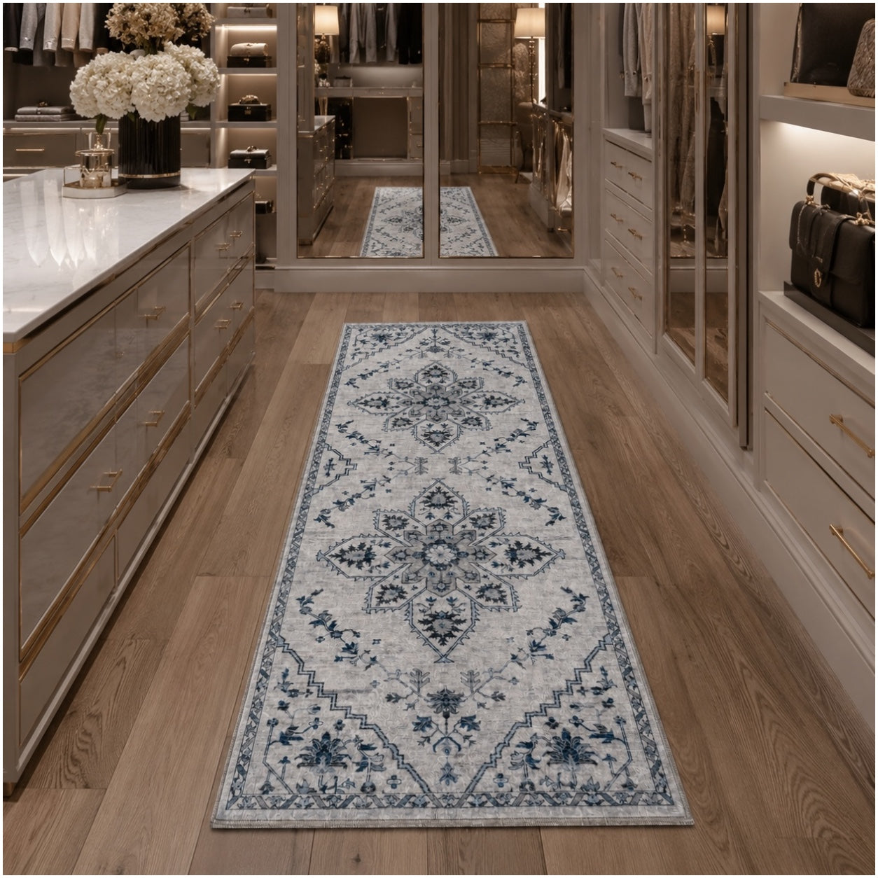 Persian Style Non-Slip Runner Rug - 60cm x 152cm – Blue and Grey Carpet