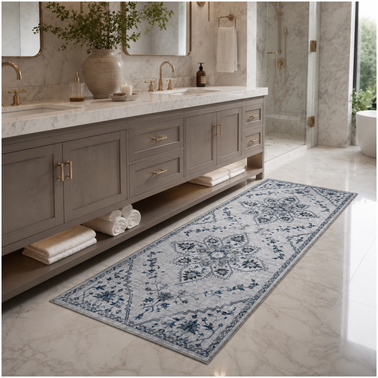 Persian Style Non-Slip Runner Rug - 60cm x 152cm – Blue and Grey Carpet