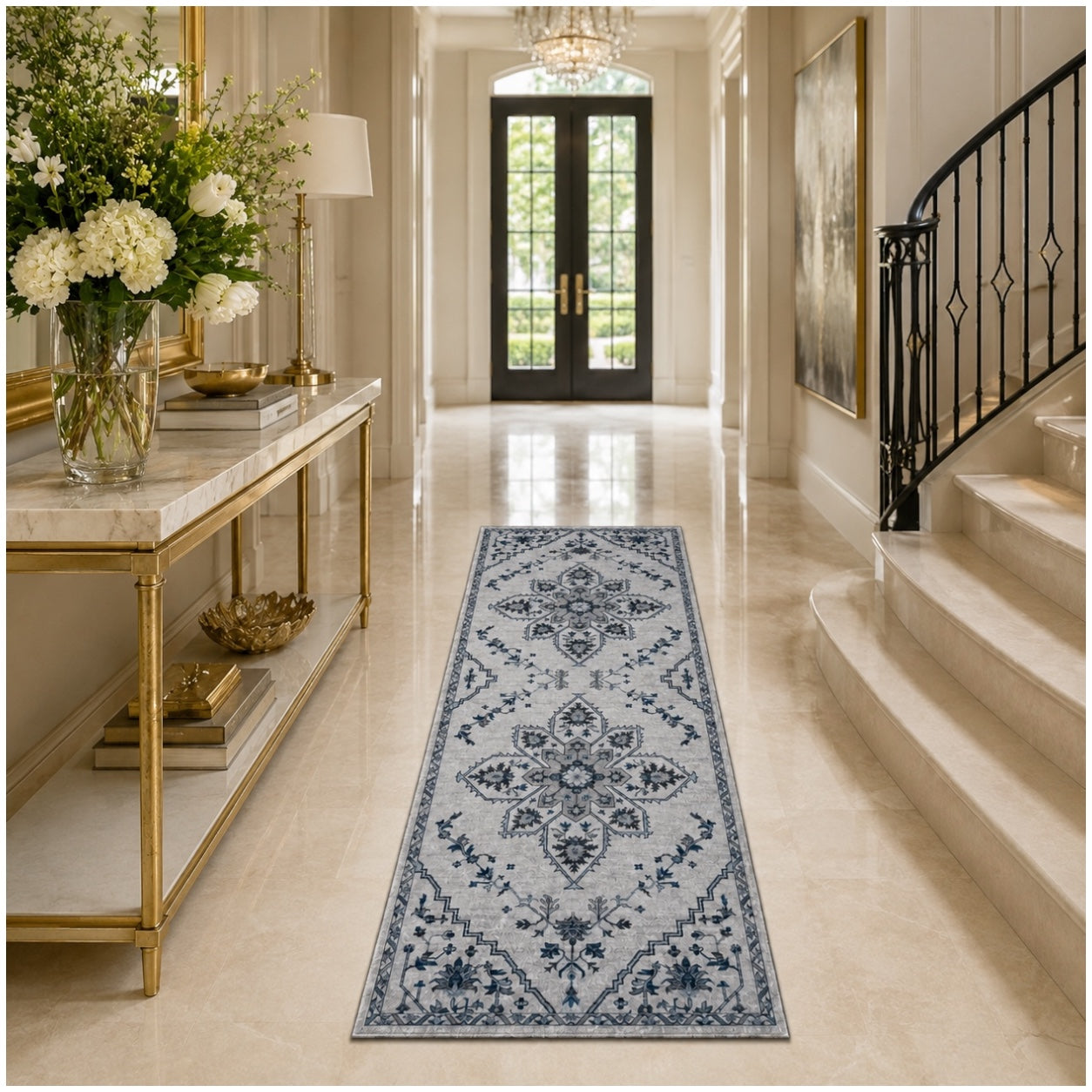 Persian Style Non-Slip Runner Rug - 60cm x 152cm – Blue and Grey Carpet