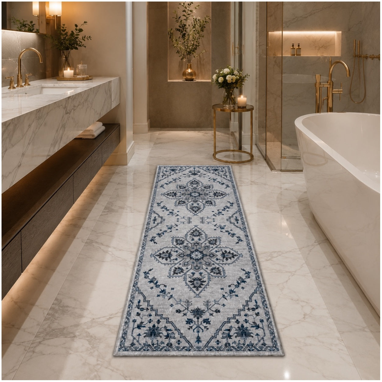 Persian Style Non-Slip Runner Rug - 60cm x 152cm – Blue and Grey Carpet