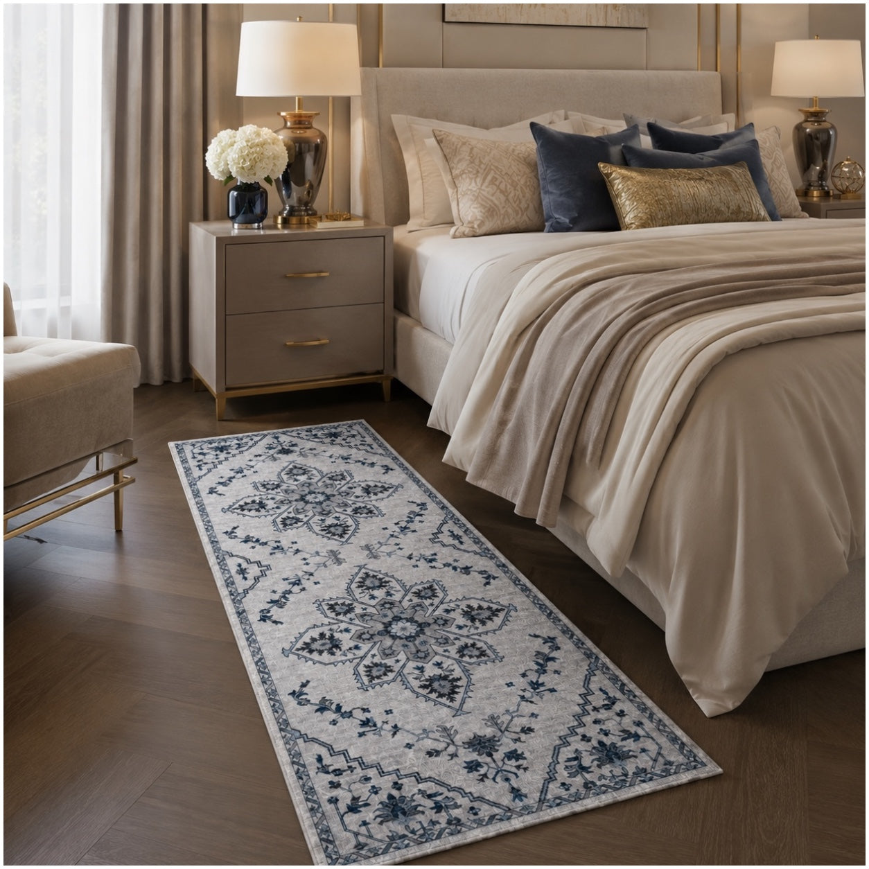 Persian Style Non-Slip Runner Rug - 60cm x 152cm – Blue and Grey Carpet