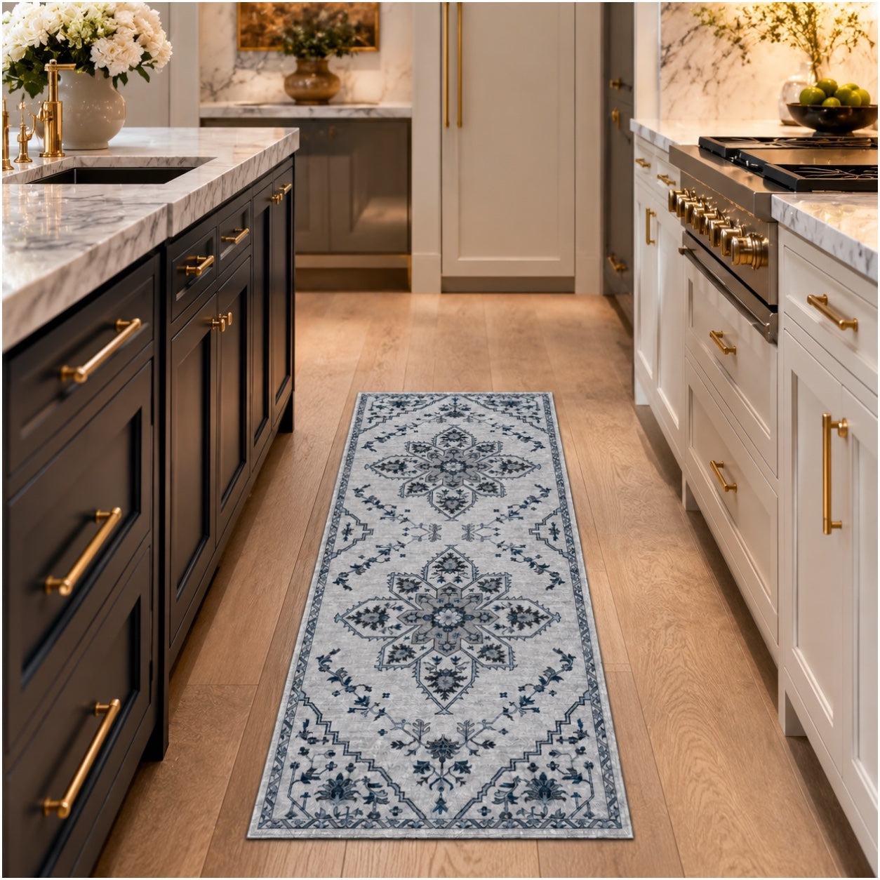 Persian Style Non-Slip Runner Rug - 60cm x 152cm – Blue and Grey Carpet