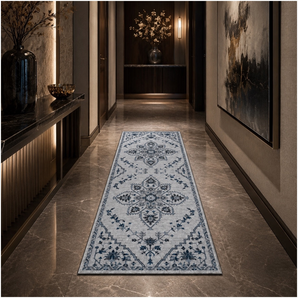 Persian Style Non-Slip Runner Rug - 60cm x 152cm – Blue and Grey Carpet
