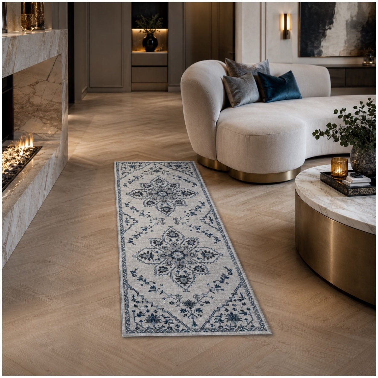 Persian Style Non-Slip Runner Rug - 60cm x 152cm – Blue and Grey Carpet