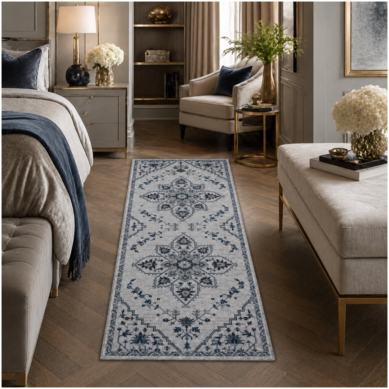 Persian Style Non-Slip Runner Rug - 60cm x 152cm – Blue and Grey Carpet