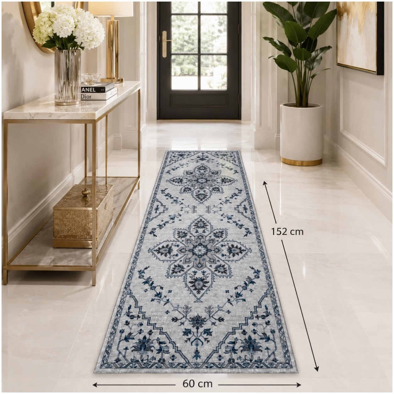 Persian Style Non-Slip Runner Rug - 60cm x 152cm – Blue and Grey Carpet