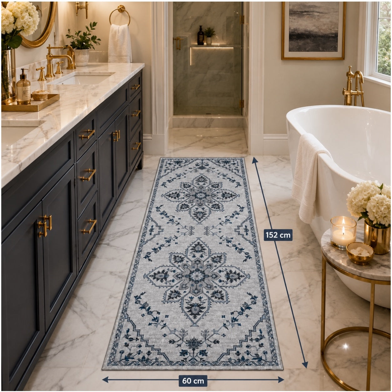 Persian Style Non-Slip Runner Rug - 60cm x 152cm – Blue and Grey Carpet