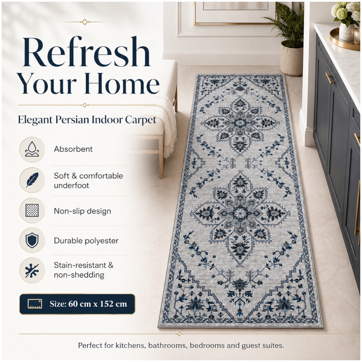 Persian Style Non-Slip Runner Rug - 60cm x 152cm – Blue and Grey Carpet