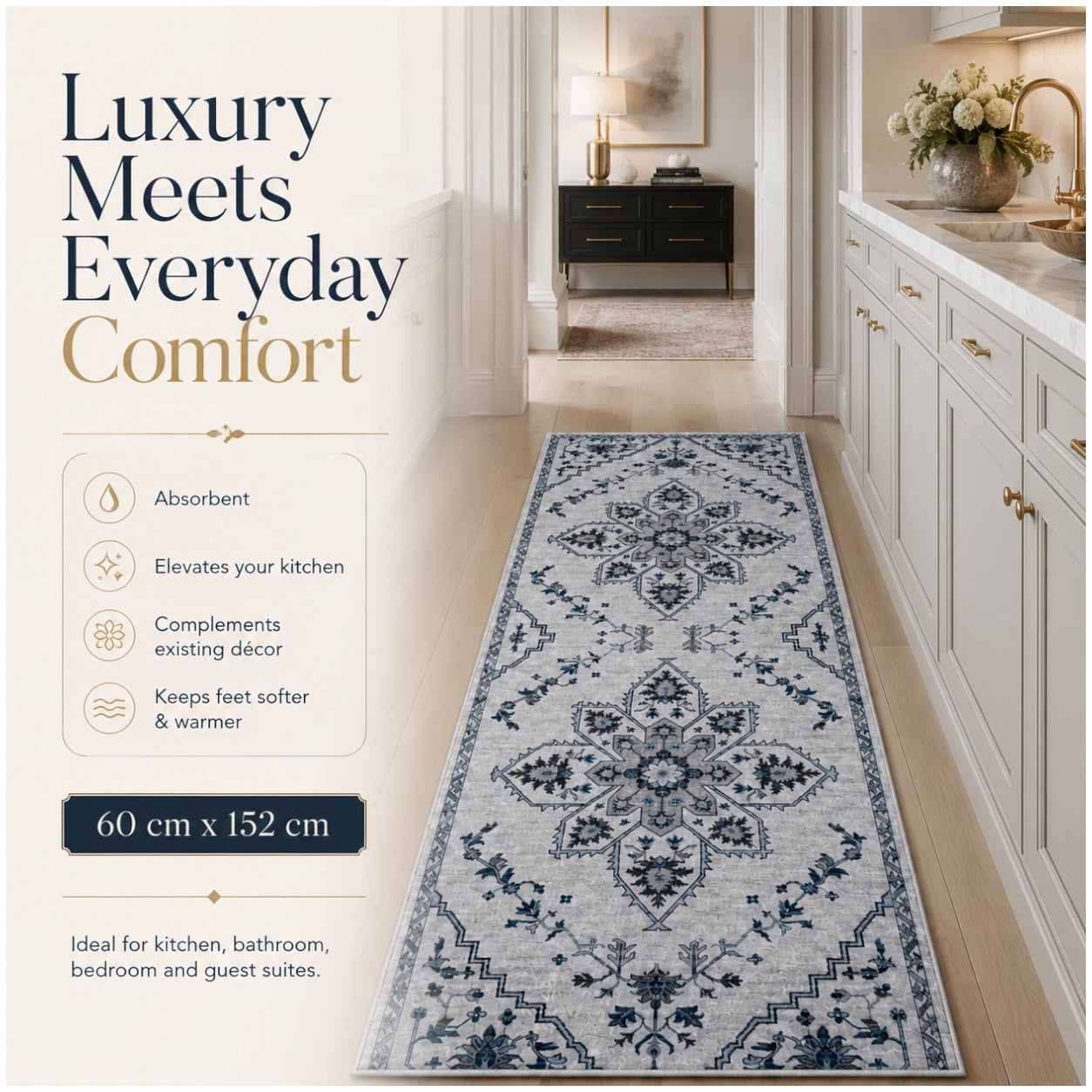 Persian Style Non-Slip Runner Rug - 60cm x 152cm – Blue and Grey Carpet