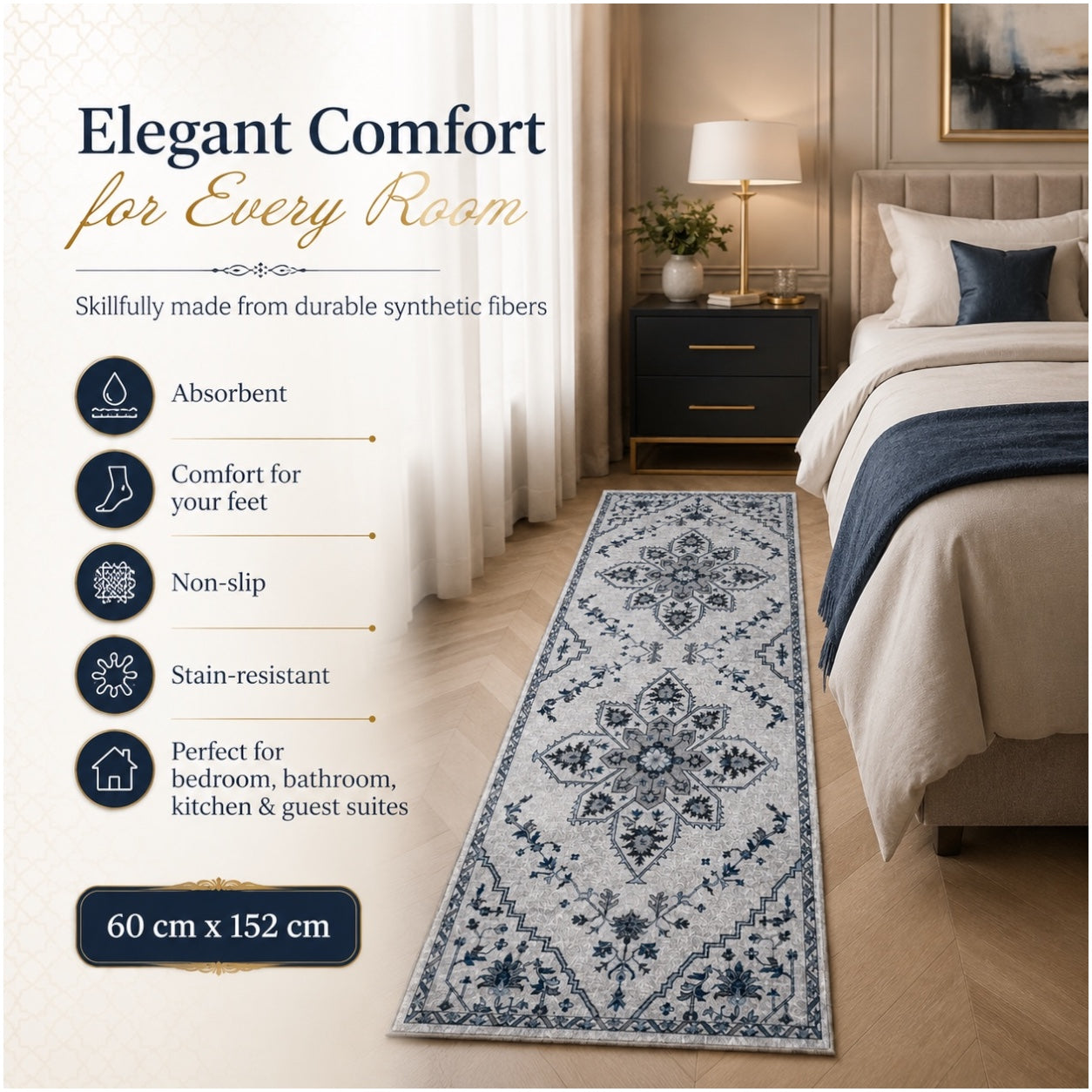Persian Style Non-Slip Runner Rug - 60cm x 152cm – Blue and Grey Carpet