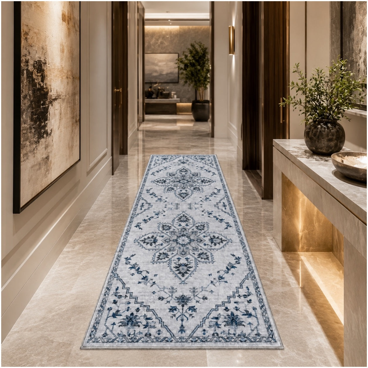 Persian Style Non-Slip Runner Rug - 60cm x 152cm – Blue and Grey Carpet
