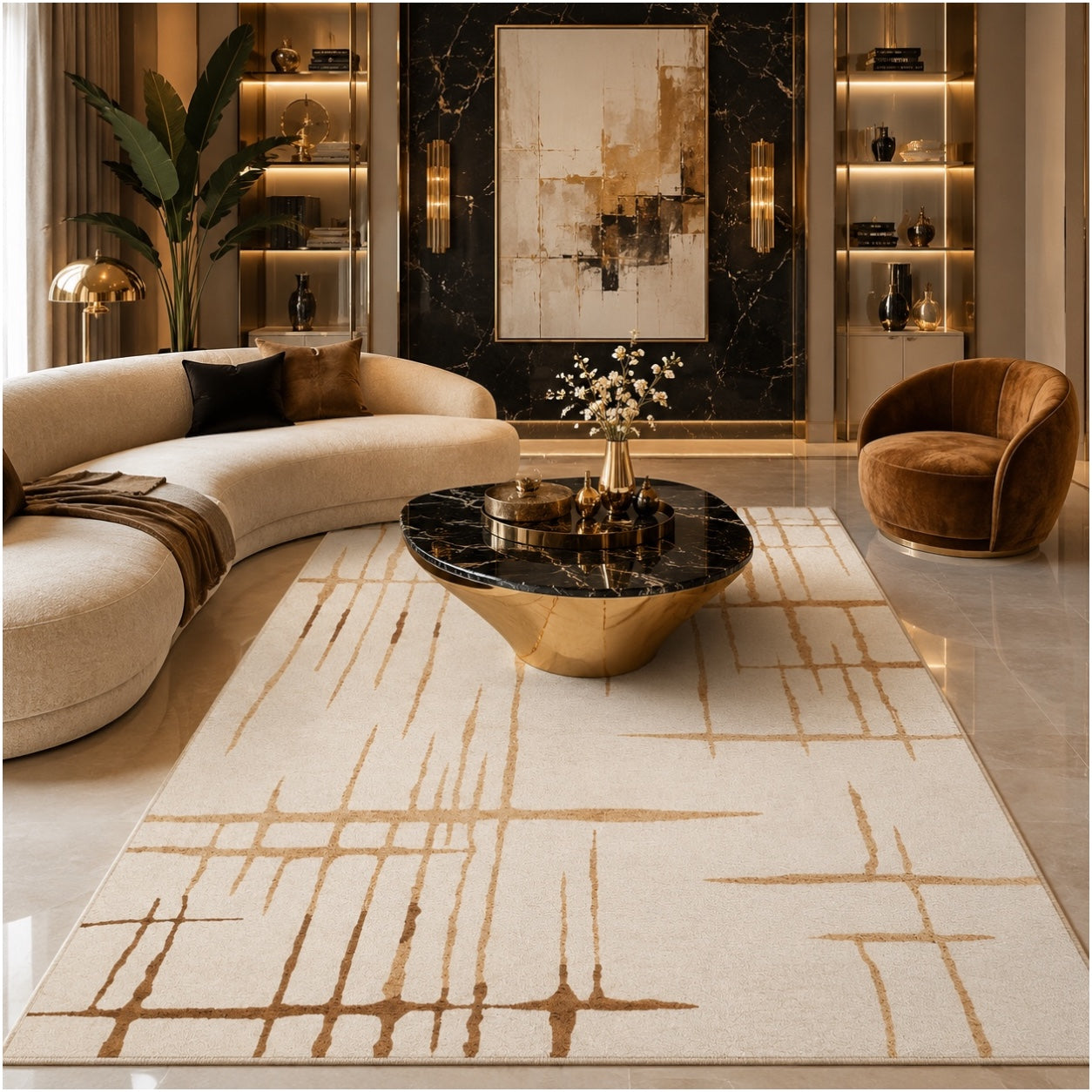 Modern Abstract Rug - 120cm x 180cm –Beautiful Cream and Brown Accent Mat