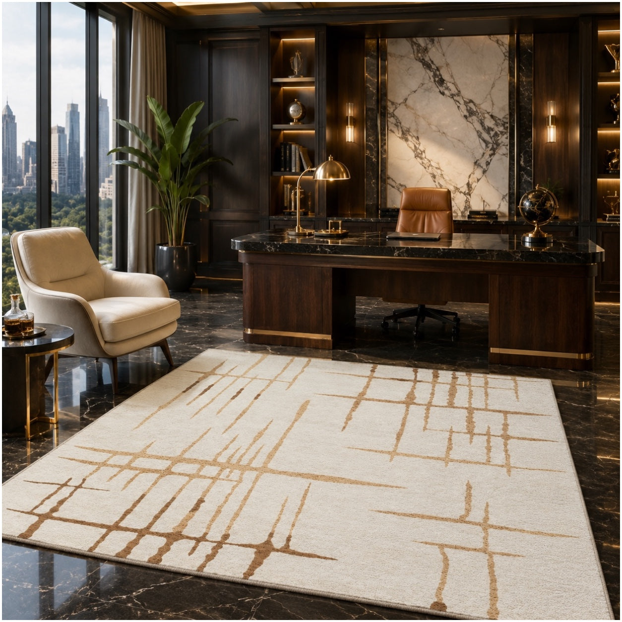 Modern Abstract Rug - 120cm x 180cm –Beautiful Cream and Brown Accent Mat