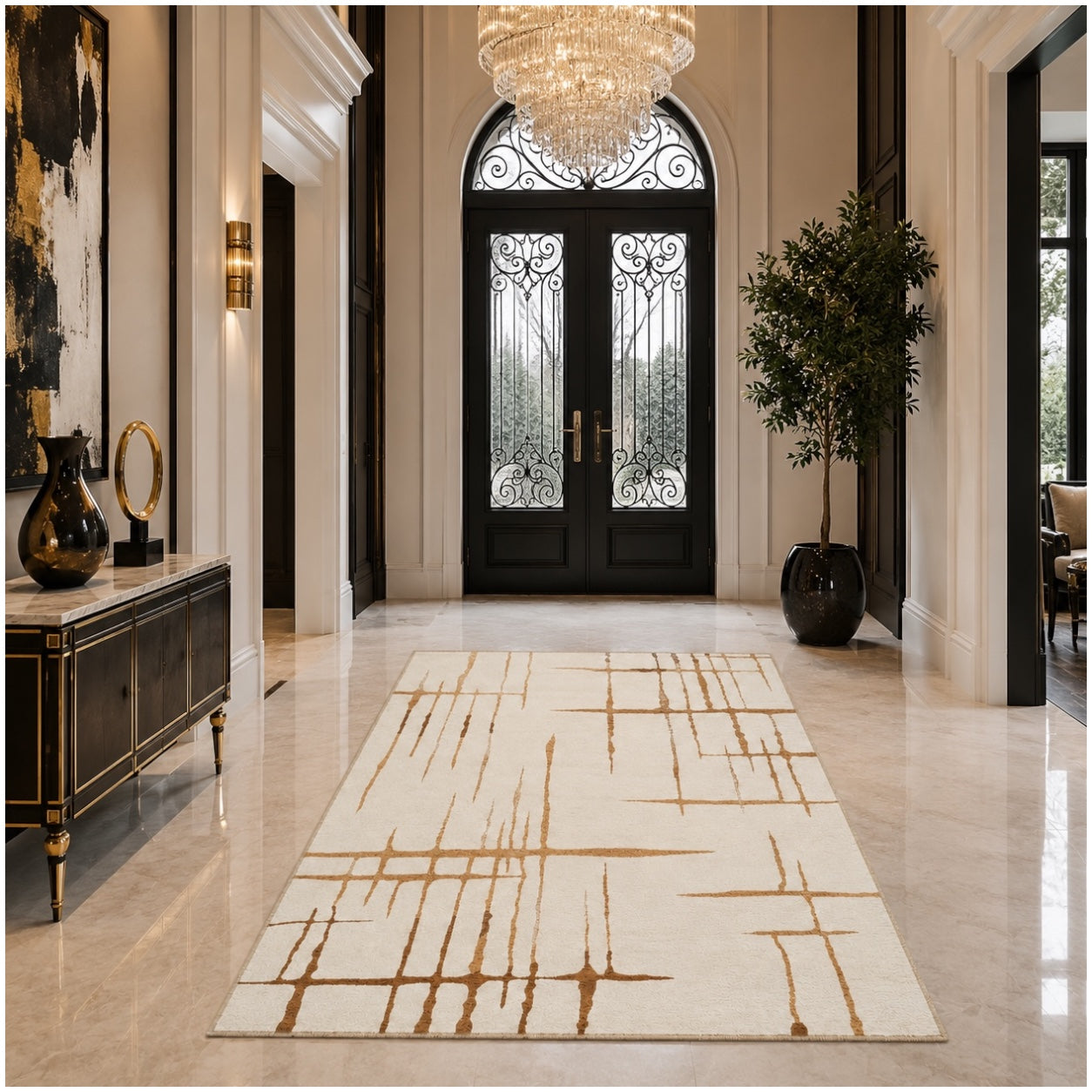 Modern Abstract Rug - 120cm x 180cm –Beautiful Cream and Brown Accent Mat