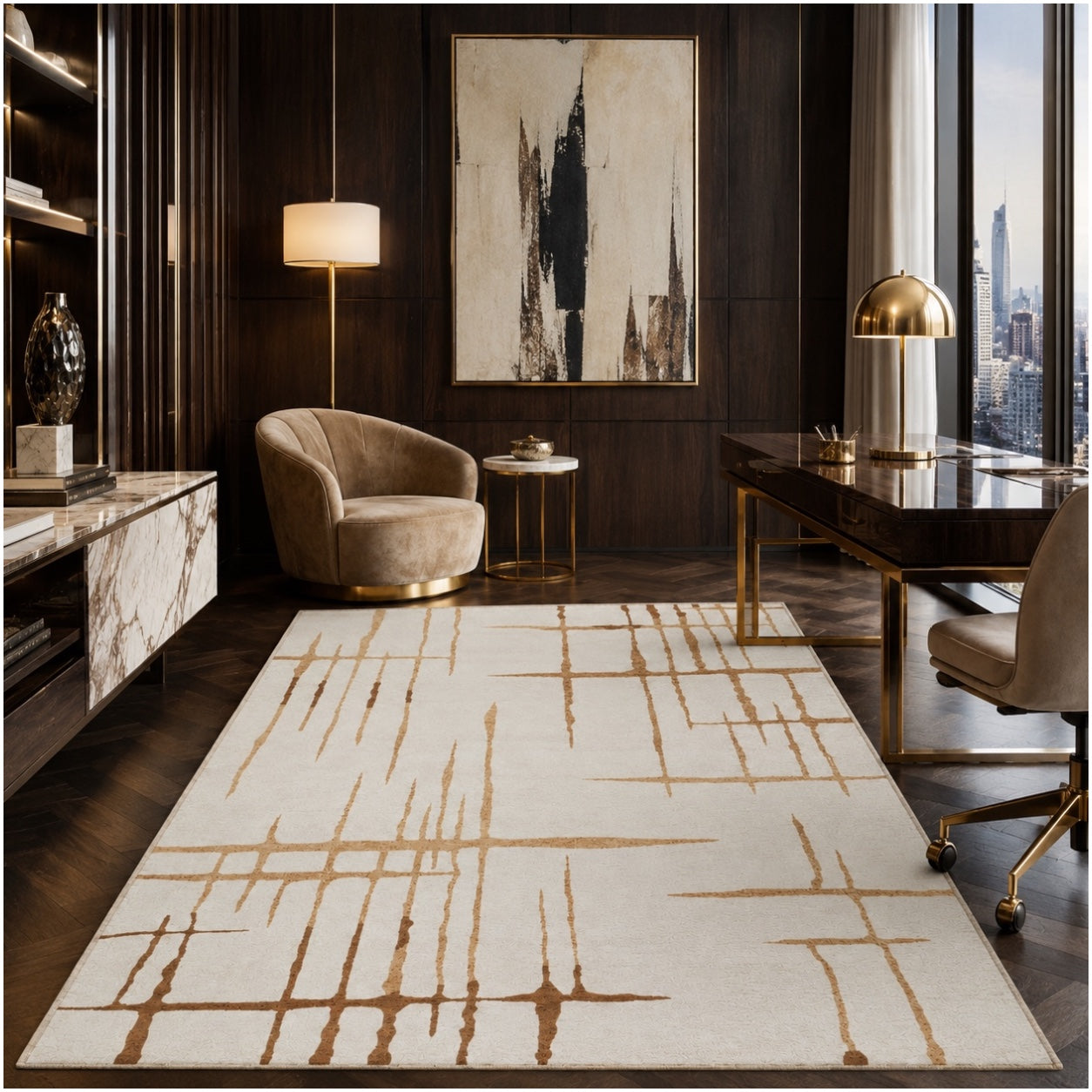 Modern Abstract Rug - 120cm x 180cm –Beautiful Cream and Brown Accent Mat