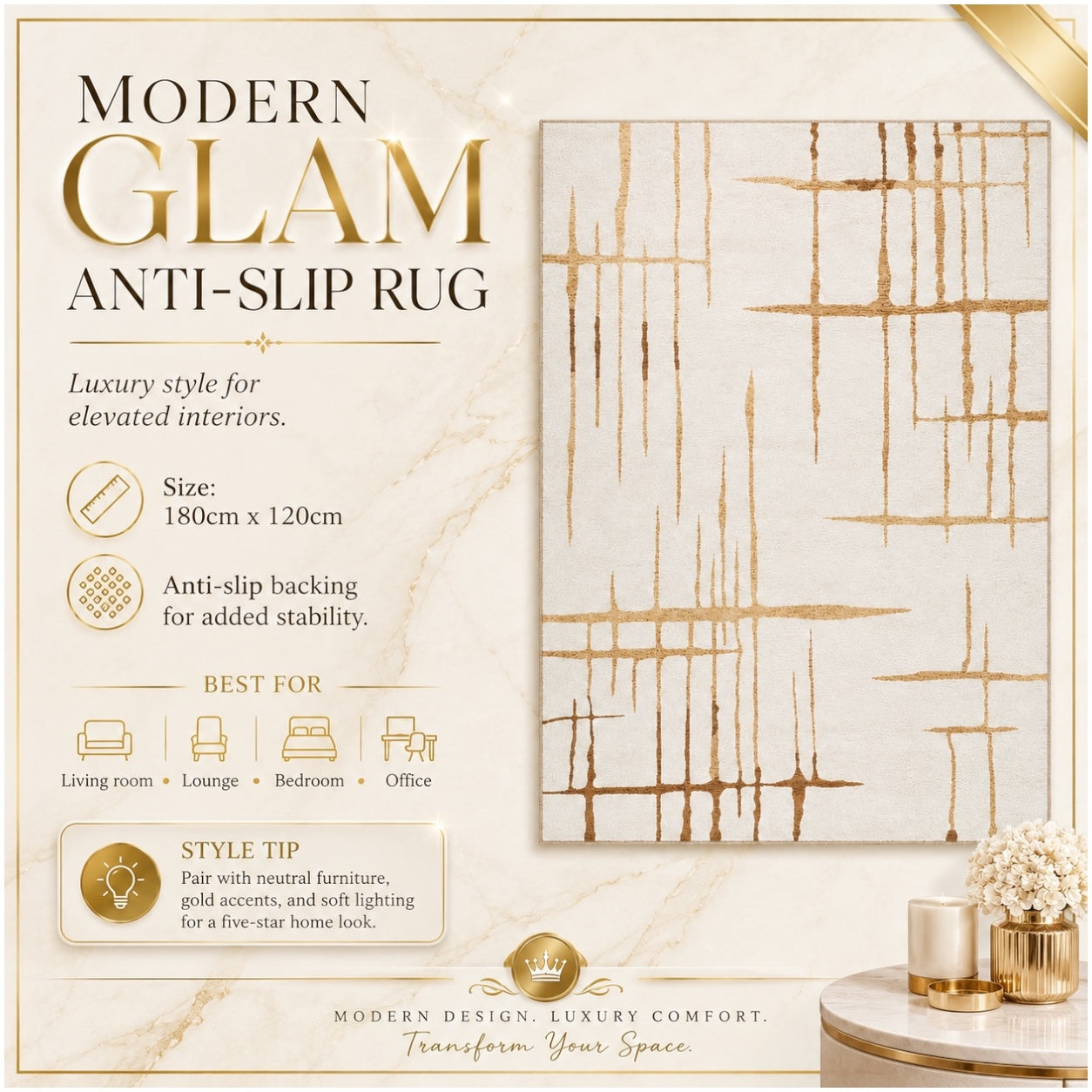 Modern Abstract Rug - 120cm x 180cm –Beautiful Cream and Brown Accent Mat