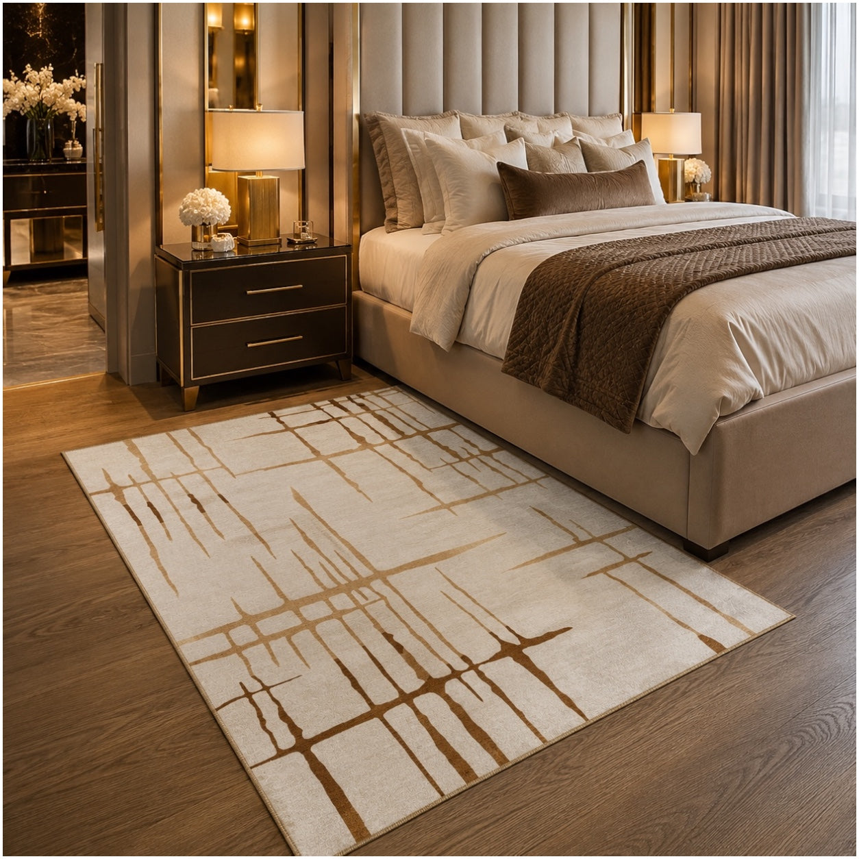 Modern Abstract Rug - 120cm x 180cm –Beautiful Cream and Brown Accent Mat