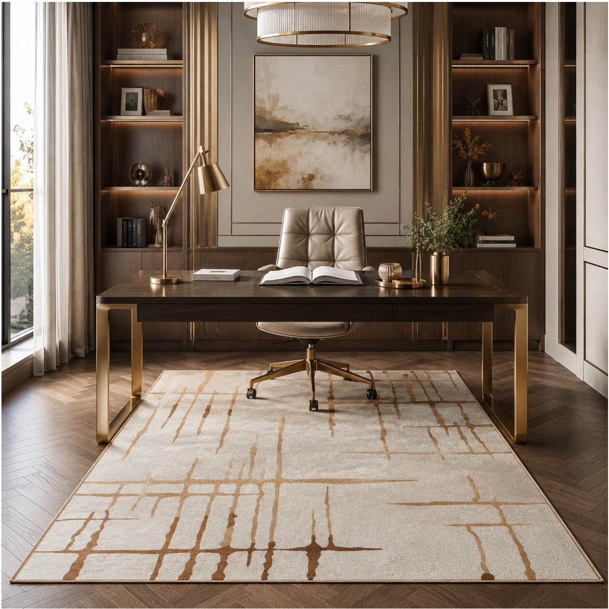 Modern Abstract Rug - 120cm x 180cm –Beautiful Cream and Brown Accent Mat