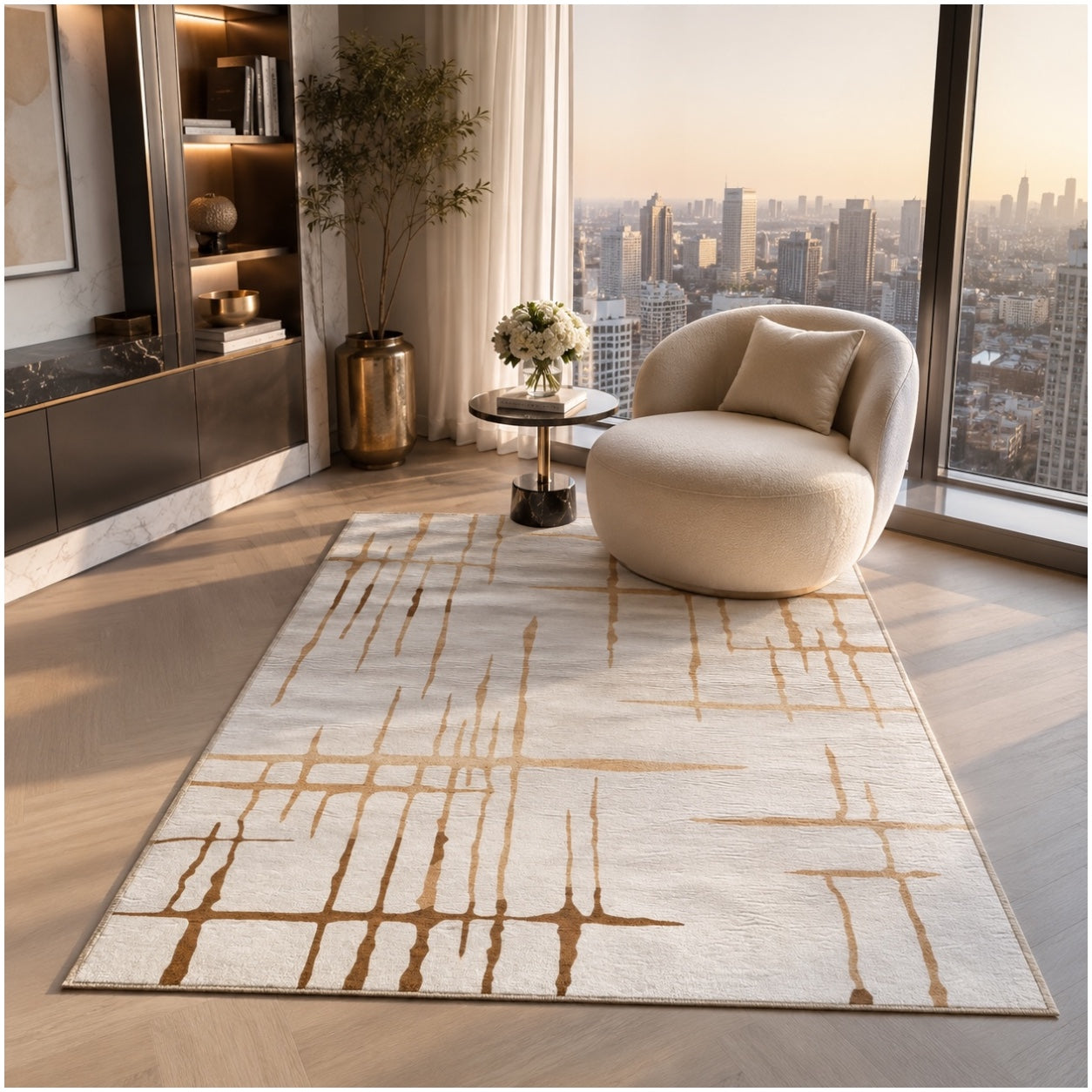 Modern Abstract Rug - 120cm x 180cm –Beautiful Cream and Brown Accent Mat