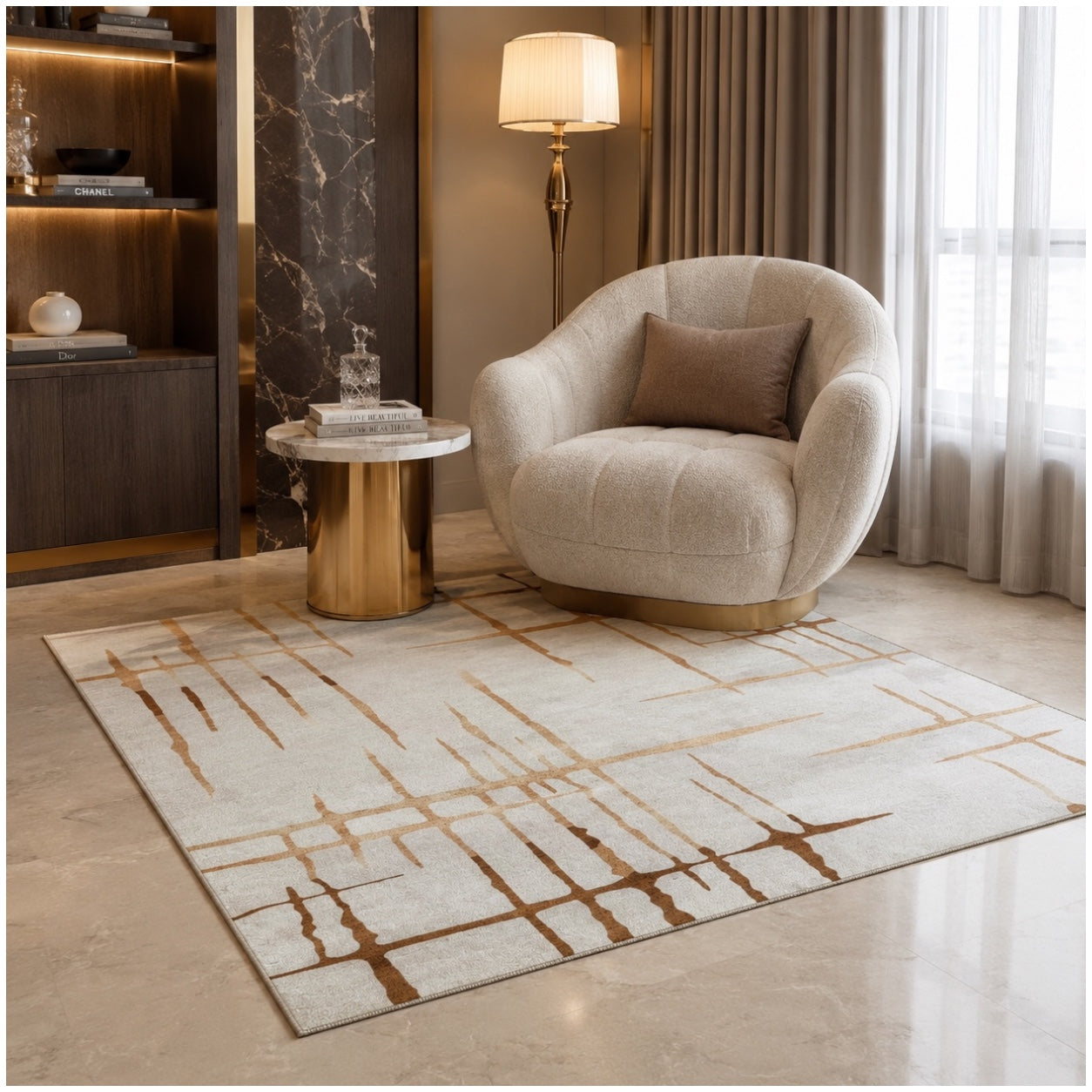 Modern Abstract Rug - 120cm x 180cm –Beautiful Cream and Brown Accent Mat