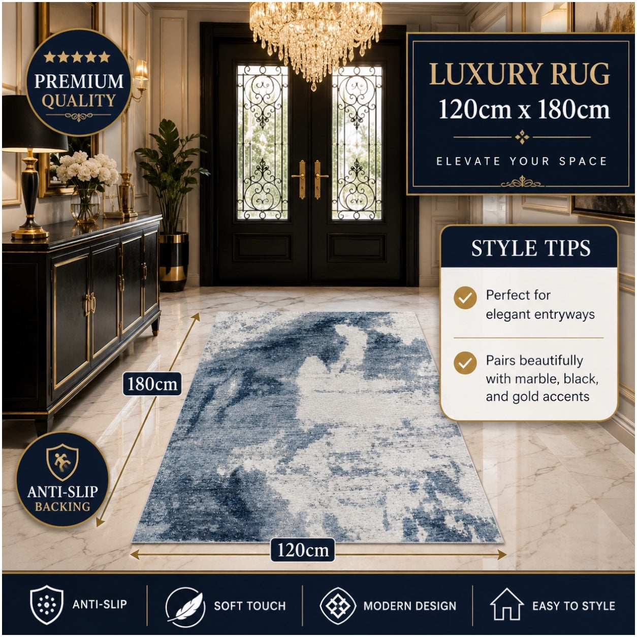 Modern Abstract Anti-Slip Soft Area Rug-120cm x 180cm – Blue Accent Carpet