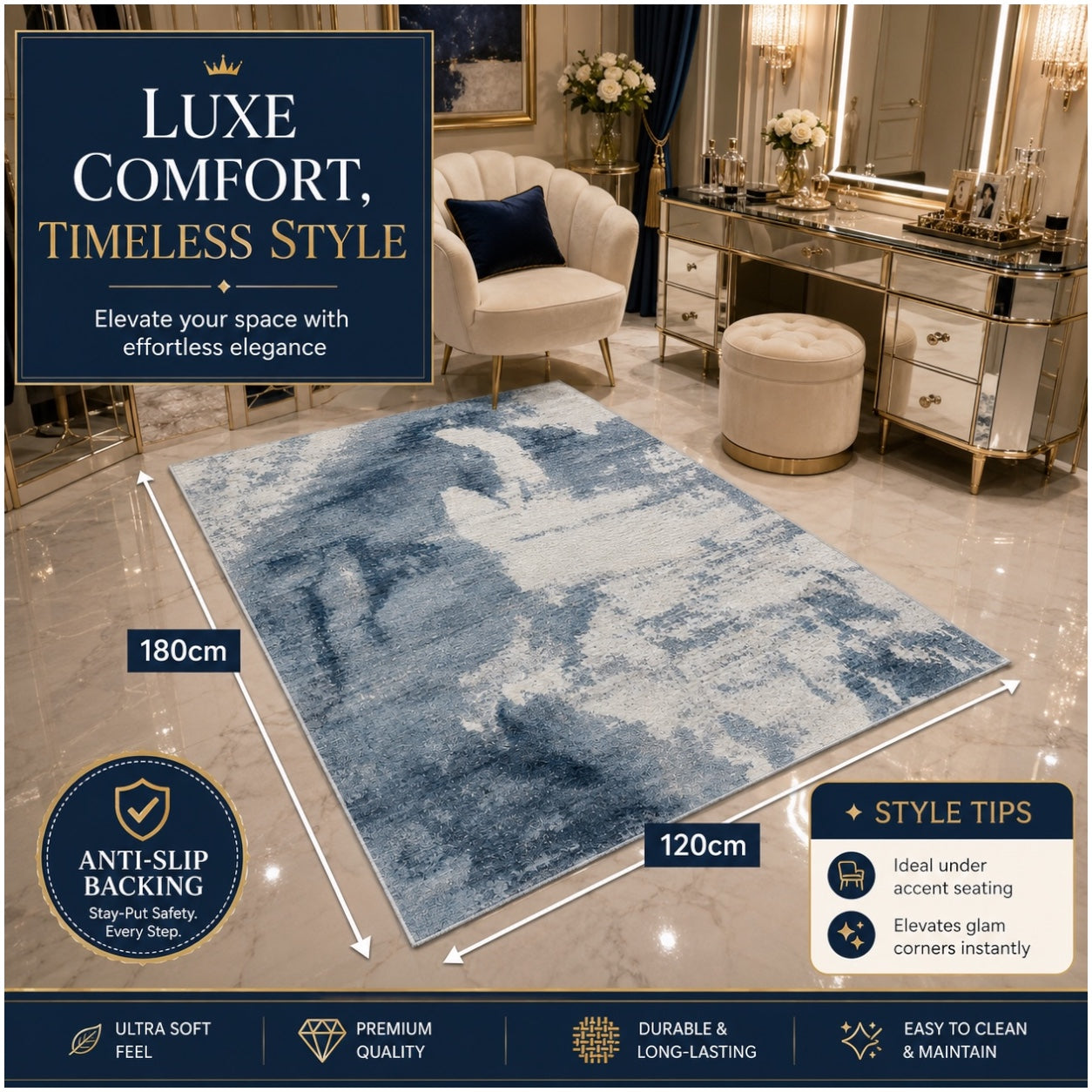 Modern Abstract Anti-Slip Soft Area Rug-120cm x 180cm – Blue Accent Carpet
