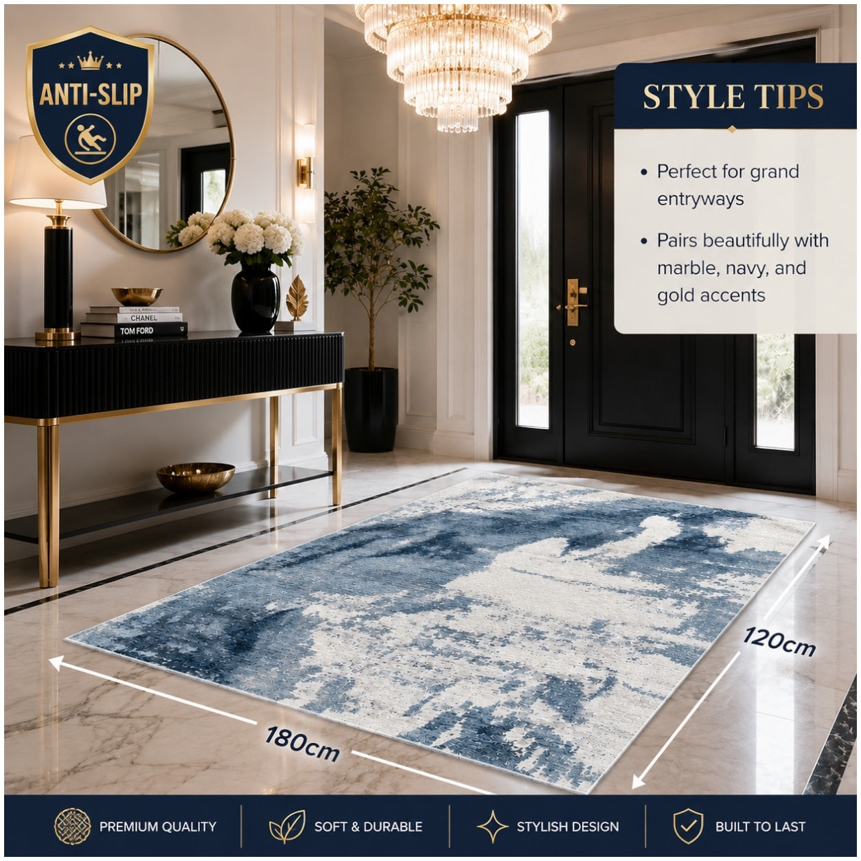 Modern Abstract Anti-Slip Soft Area Rug-120cm x 180cm – Blue Accent Carpet