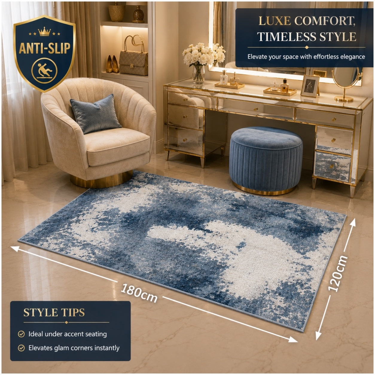 Modern Abstract Anti-Slip Soft Area Rug-120cm x 180cm – Blue Accent Carpet