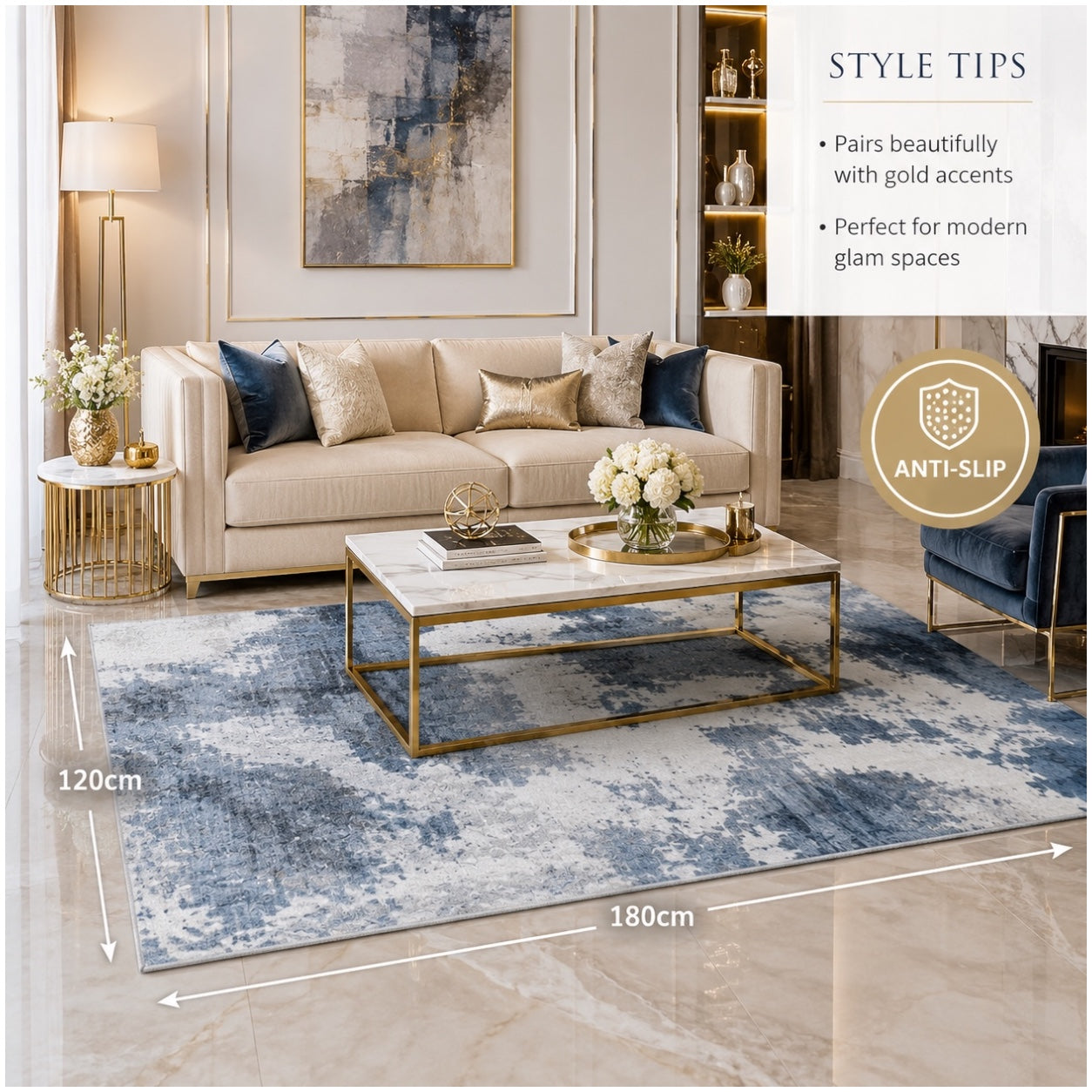 Modern Abstract Anti-Slip Soft Area Rug-120cm x 180cm – Blue Accent Carpet