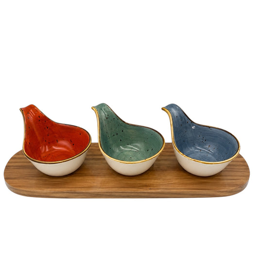 Beautiful 4-Piece Ceramic Snack Serving Bowl Set with Acacia Wood Board