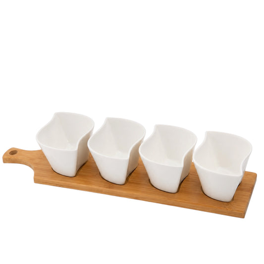 Elegant Ceramic Dipping Bowl Set with Bamboo Serving Paddle Board –