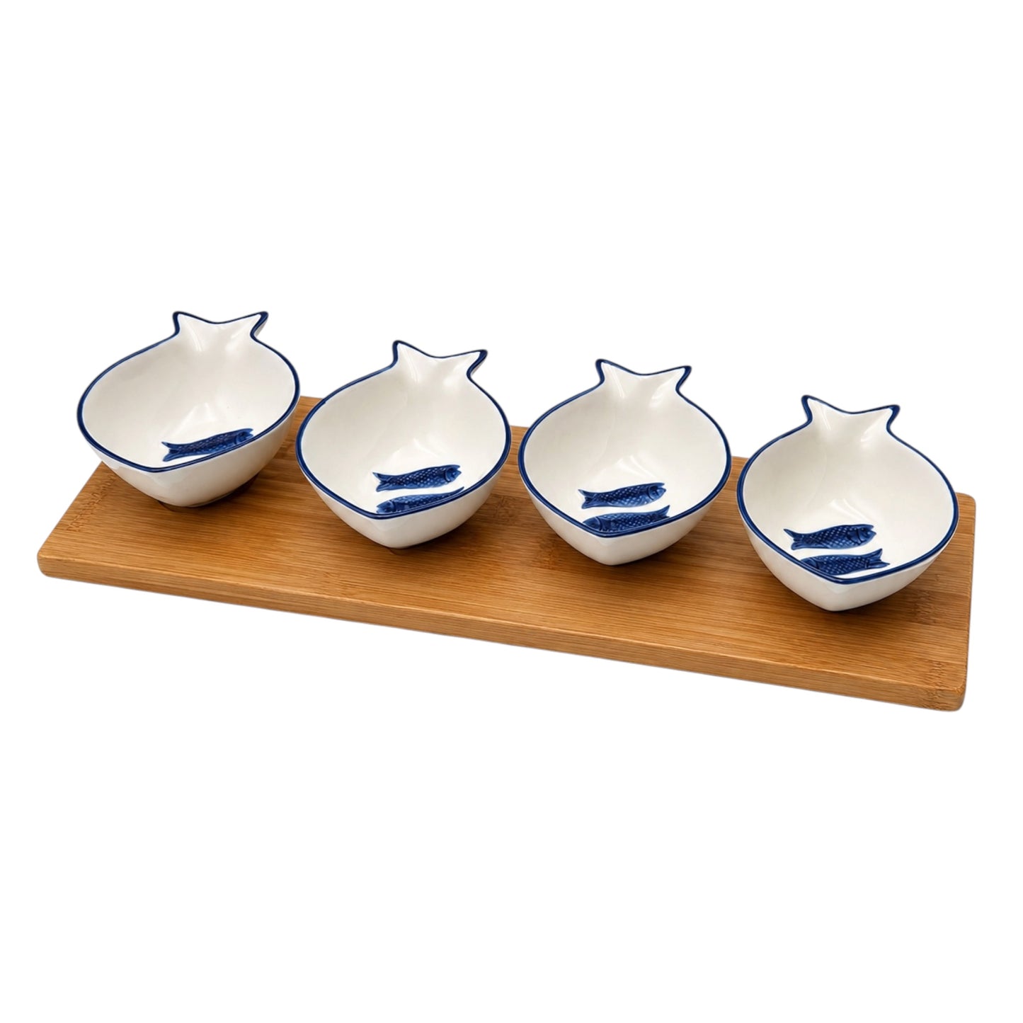 Ceramic Fish Shaped Snack Serving Bowl Set with Acacia Wooden Tray -5 Piece