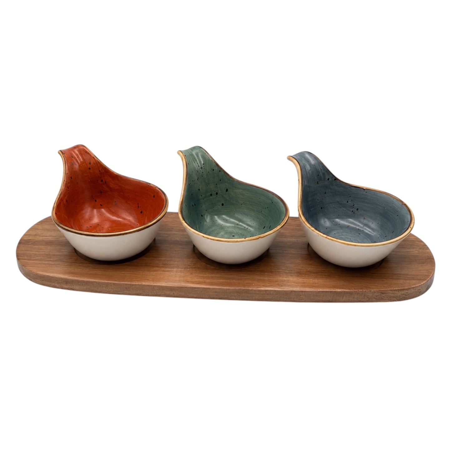 Elegant 3-Piece Ceramic Snack Bowl Set with Acacia Wood Serving Board
