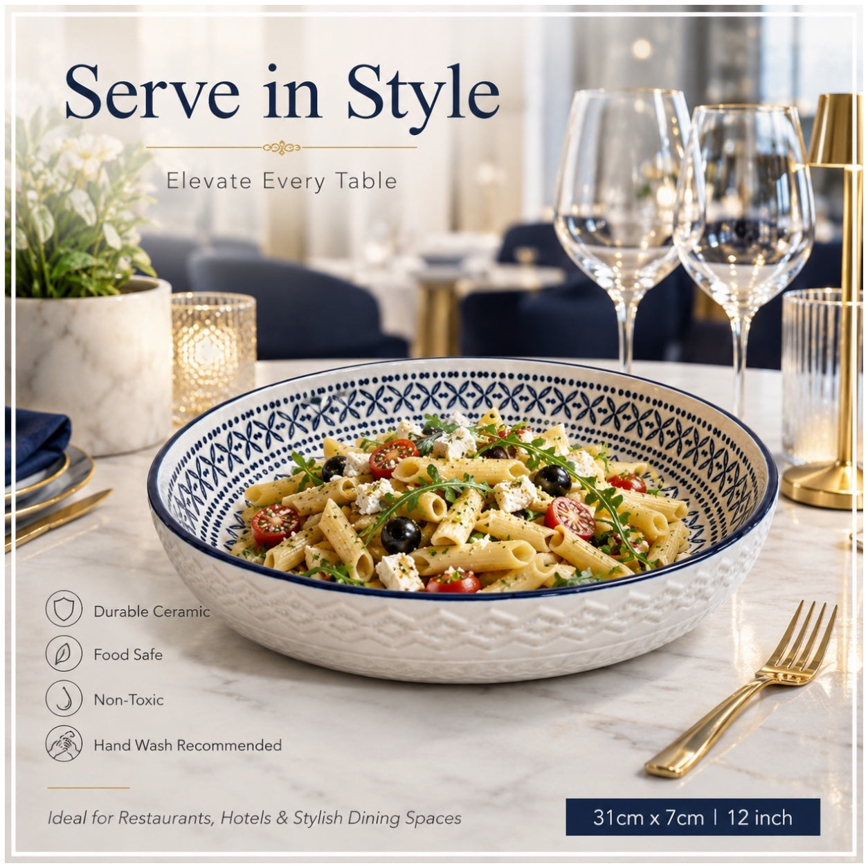 Luxury Large Ceramic Salad Serving Bowl 31cm–Navy and White -Floral Design