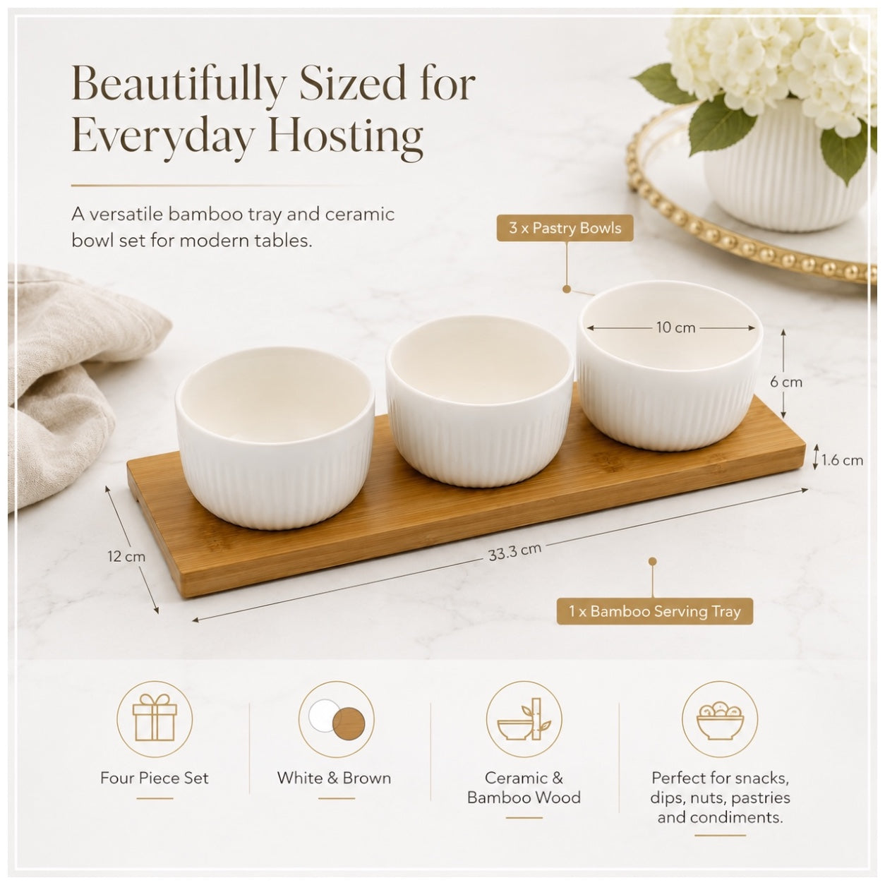 Elegant 4 Piece Bamboo Tray and Ceramic Pastry Bowls -Classic Serveware Set