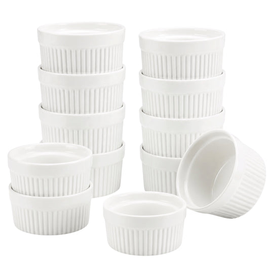 White Porcelain Ramekins Set of 12–Classic Ribbed Dessert and Baking Bowls