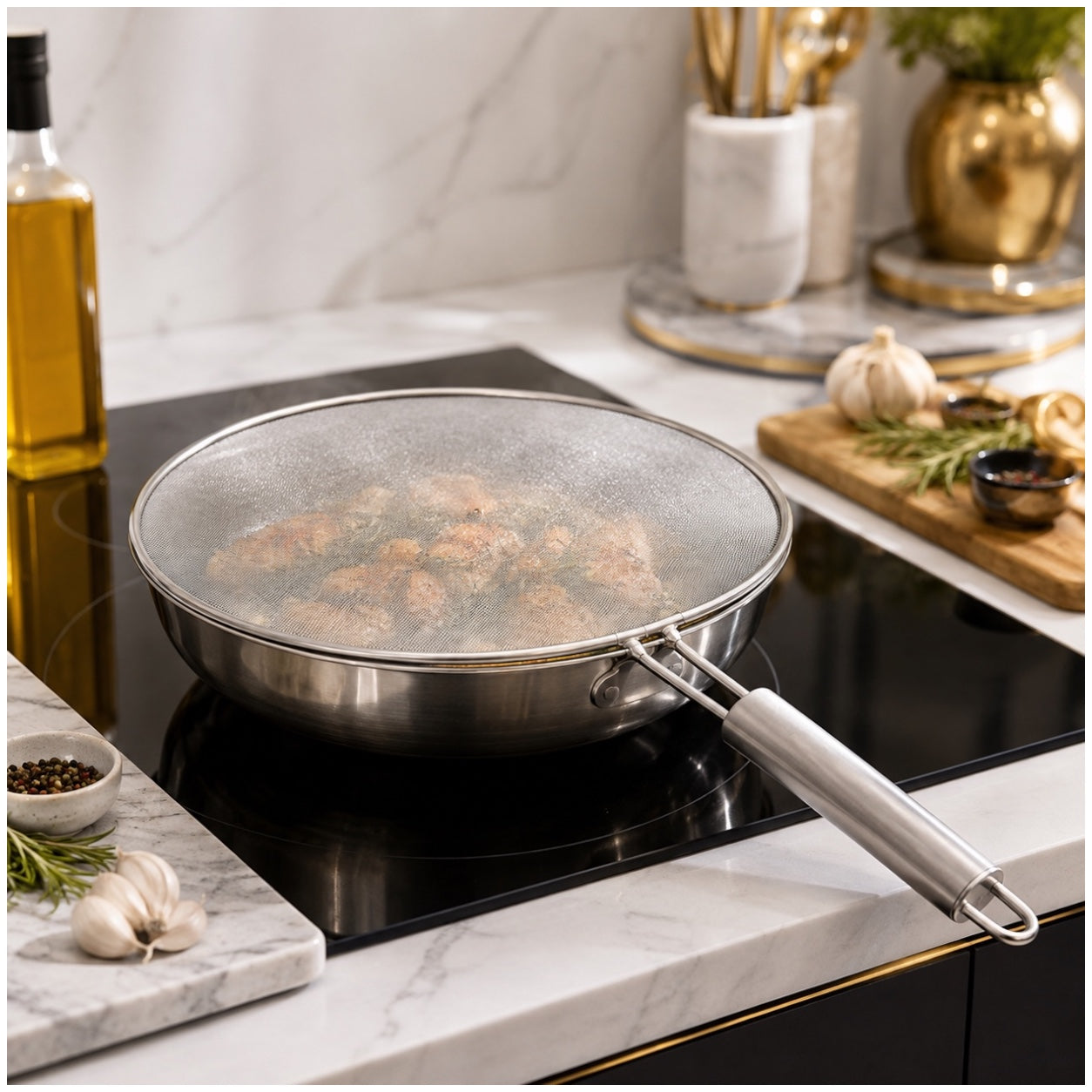 Essential 28cm Stainless Steel Splatter Screen with Easy-Grip Handle