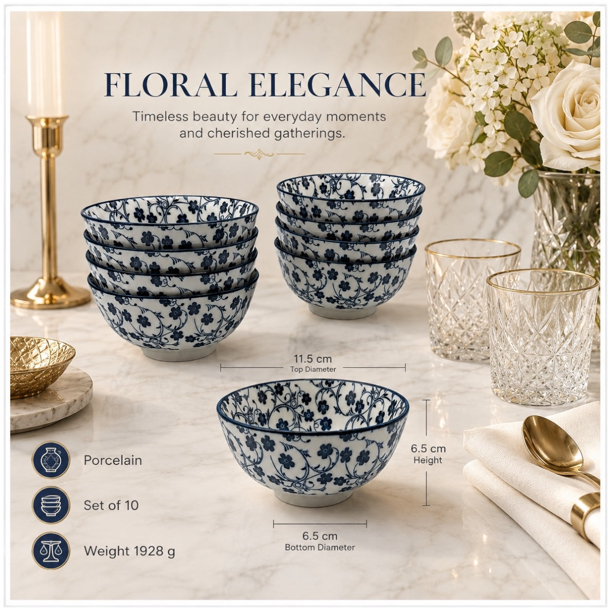 Elegant 10-Piece Blue and White Porcelain Starter Bowl Set