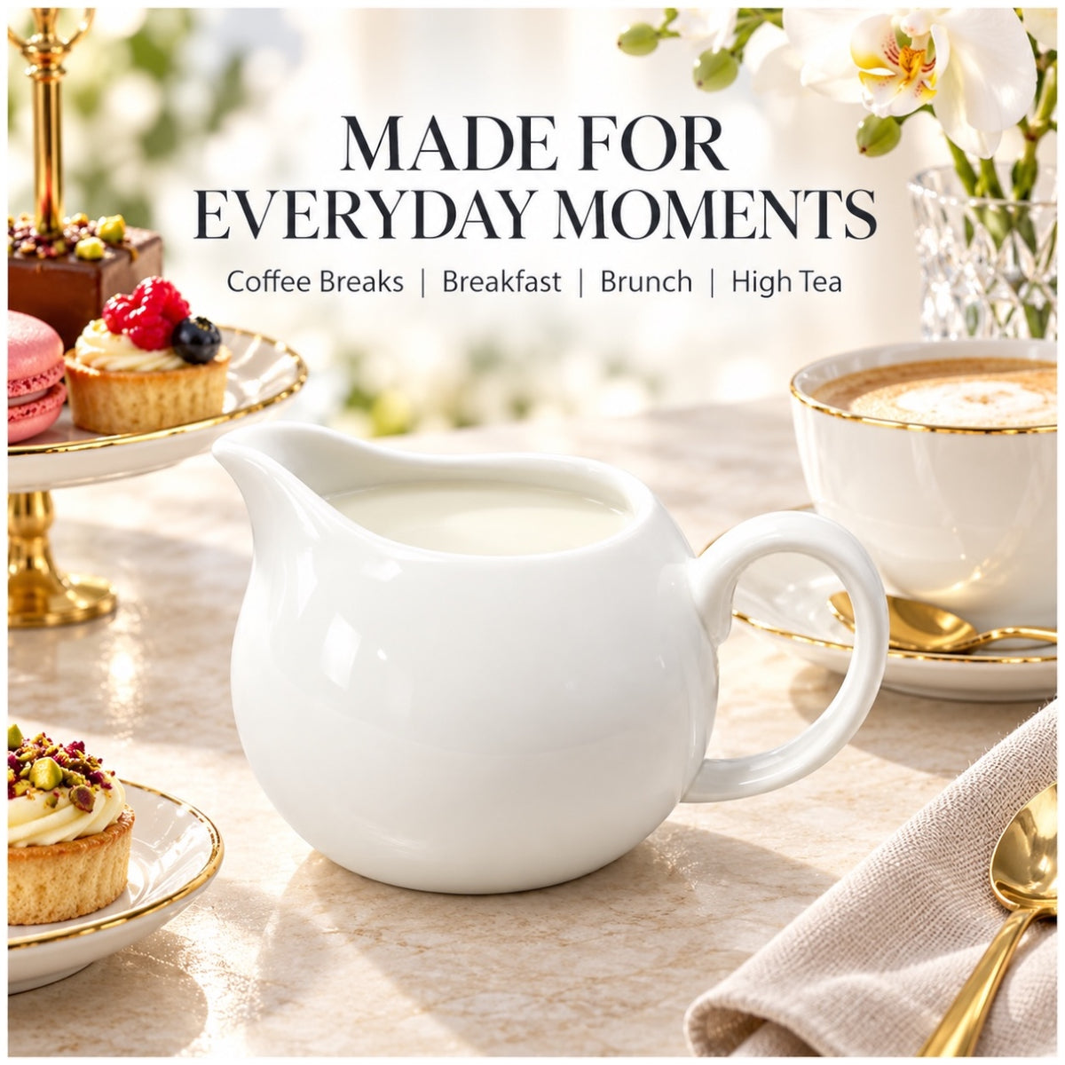 Elegant White Ceramic Milk Jug for Coffee, Tea and Cream – 13 cm
