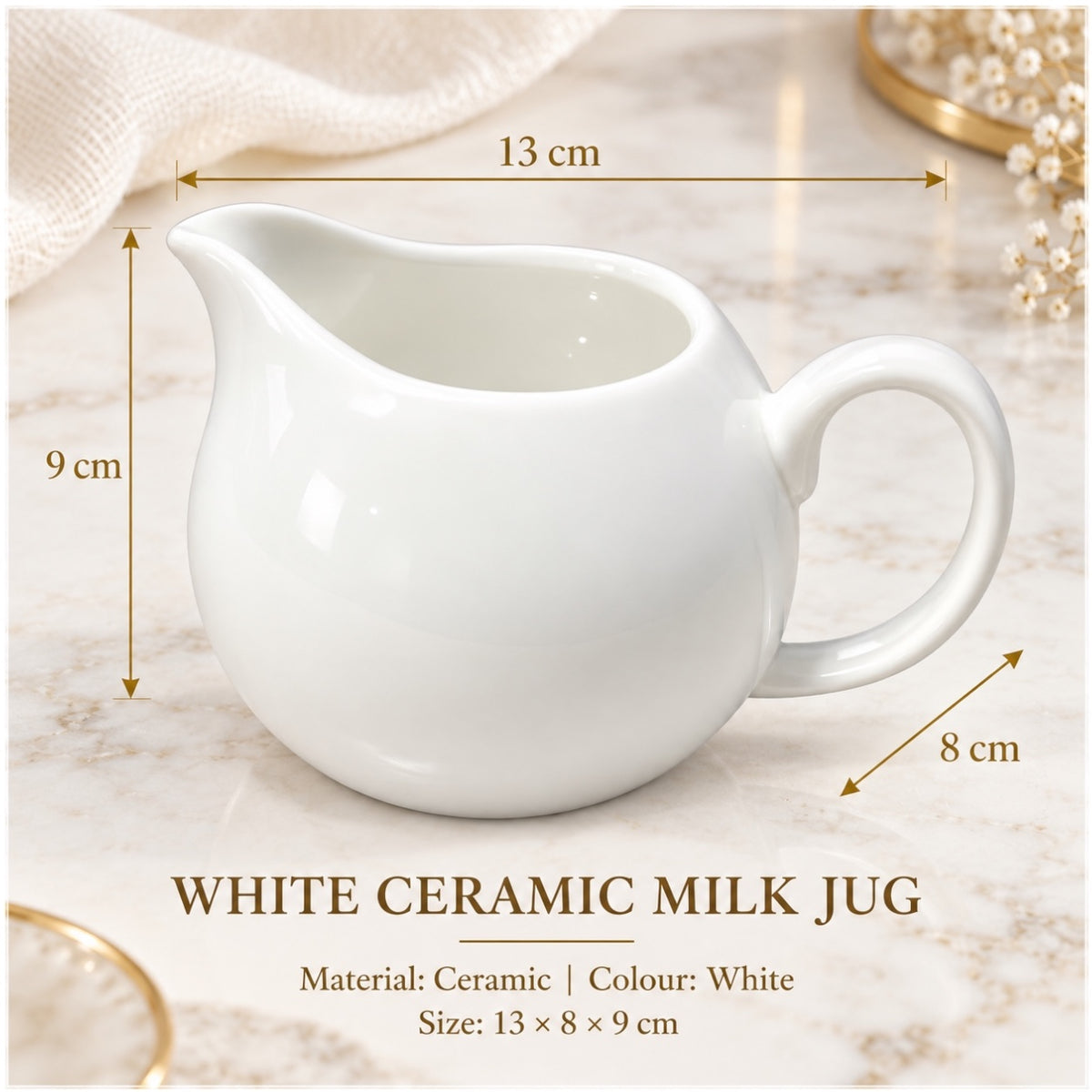Elegant White Ceramic Milk Jug for Coffee, Tea and Cream – 13 cm