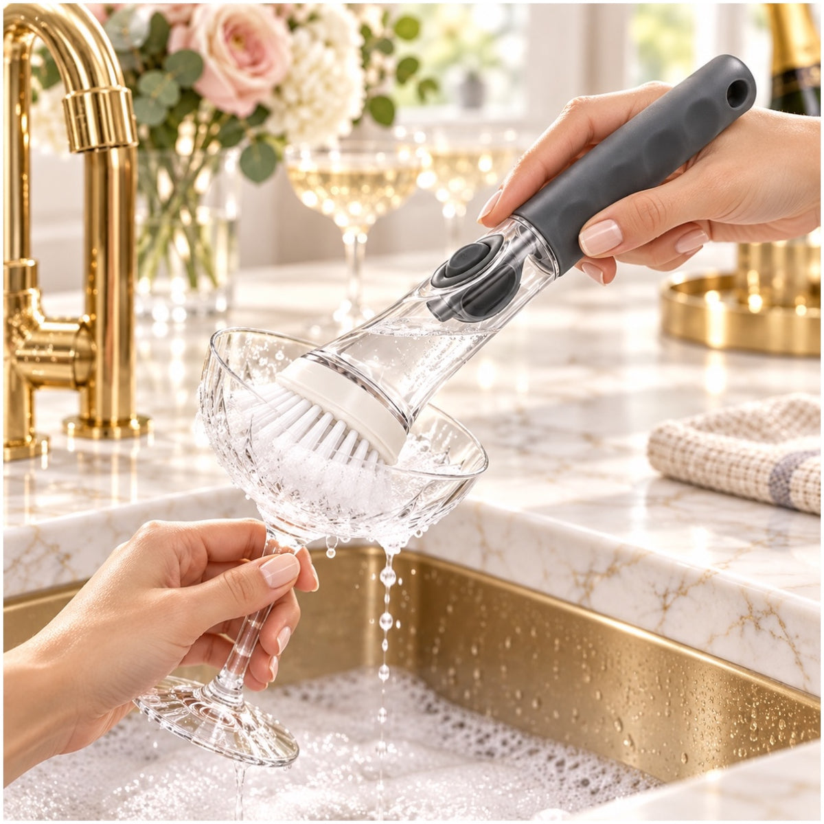Essential Soap-Dispensing Dish Brush with Soft-Grip Handle – Grey