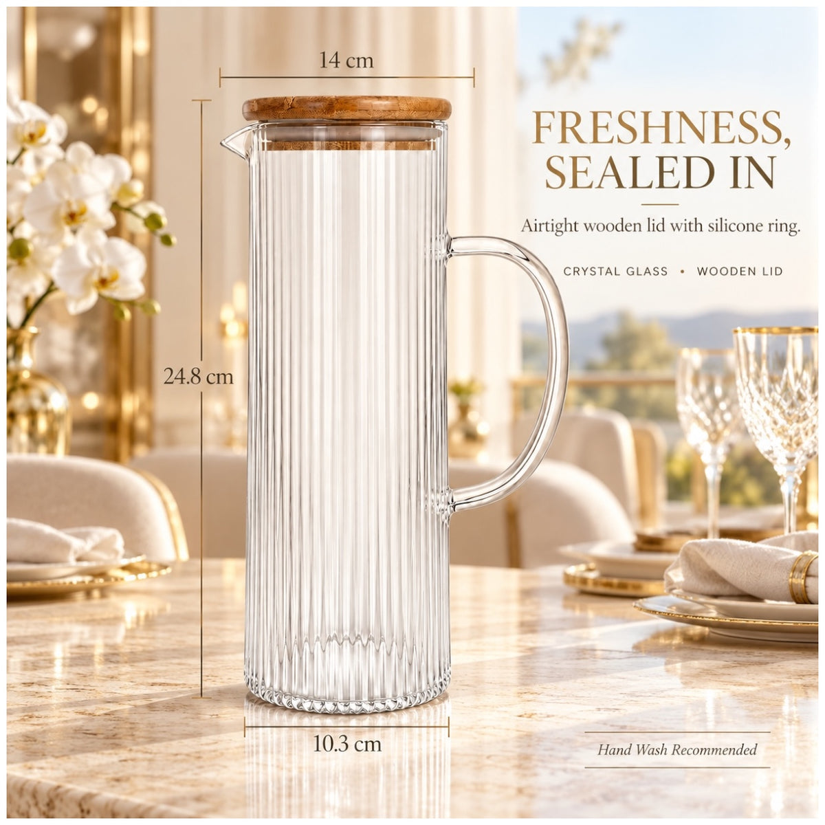 Elegant 1.2L Ribbed Crystal Glass Water Pitcher with Airtight Wooden Lid