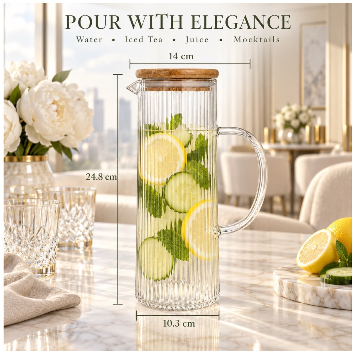 Elegant 1.2L Ribbed Crystal Glass Water Pitcher with Airtight Wooden Lid