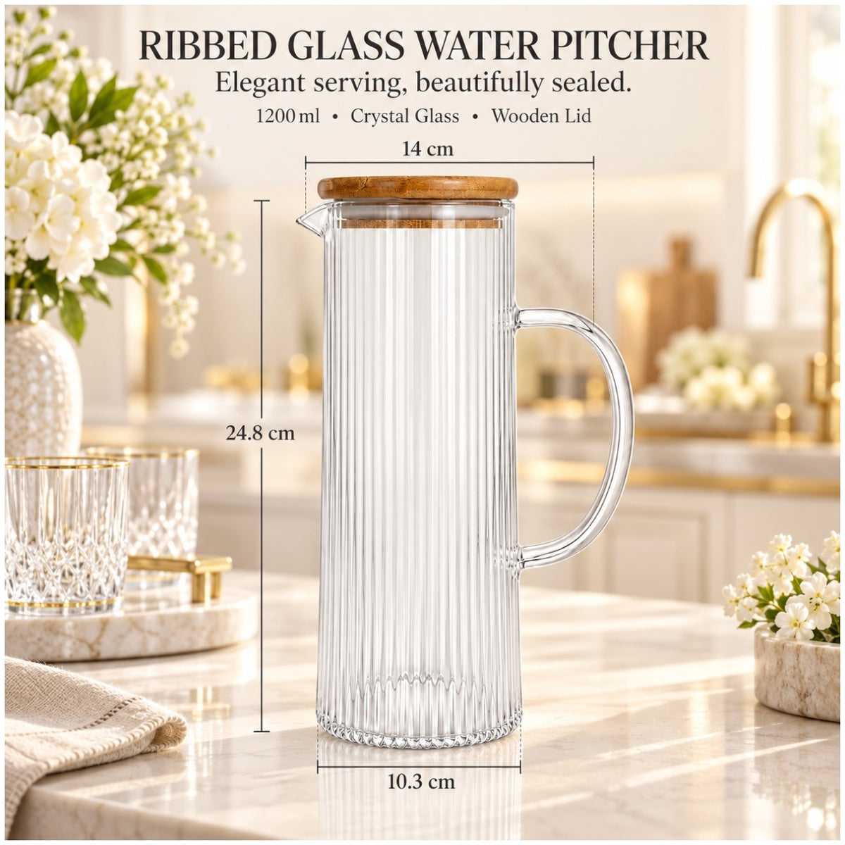 Elegant 1.2L Ribbed Crystal Glass Water Pitcher with Airtight Wooden Lid